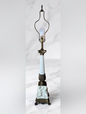 Neoclassical Cast Bronze Cherub Angel Putti Buffet Table Lamp 38" Vtg Antique